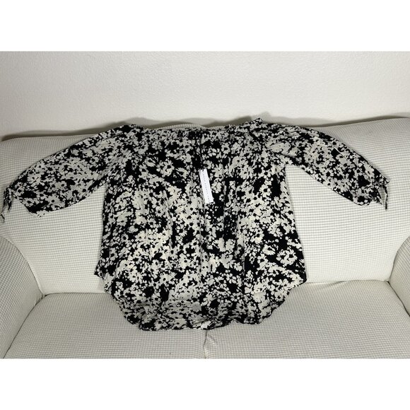 Three Eighty Two Black White Floral Ladies Shirt, Bottom Ties, Size Large - Picture 1 of 7